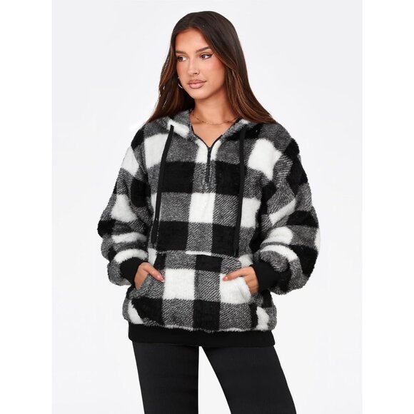 Women Black and White Plaid Oversized Fuzzy Fleece Zip up Hoodie Sweatshirt - Picture 3 of 5